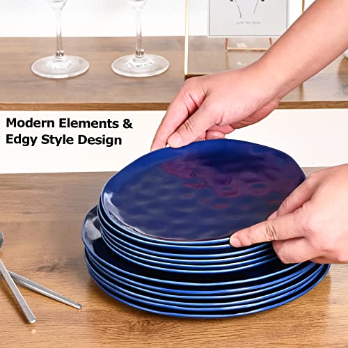 Miicol Porcelain Salad Luncheon Plates Set Of 6- 8.75 Inch Ceramic Shallow Dishes For Pasta, Appetizer, Dessert, Pancakes- Modern Rustic Handmade Look Dinnerware, Denim Blue #TOP6