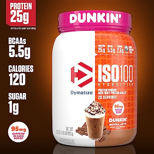 Image of Dymatize x Dunkin' Mocha Latte ISO100 Whey Protein Powder, 95mg Caffeine, 25g of Protein, 20 Servings, 5.5g BCAAs, 120 Cal., Gluten Free, 1g Fat, 1g Sugar, 3g Carb