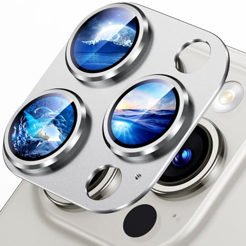 Image of Uyiton Compatible with iPhone 15 Pro /iPhone 15 Pro Max Camera Lens Protector, [Not Easy to Break][Strong Adsorption][Case-Friendly] Metal Tempered Glass Rear Camera Screen Cover - Silver White