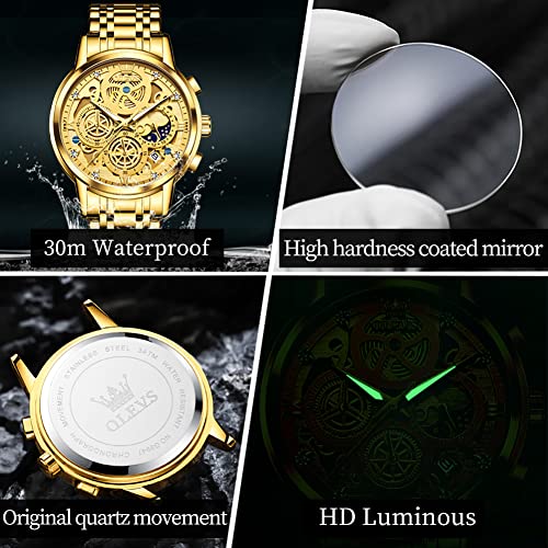 Olevs Gold Watches For Men Stainless Steel Skeleton Analog Watch For Men Classic Large Big Face Diamond Chronograph Dress Watches For Men Casual Waterproof Mens Watches Date Luxury Men's Wrist Watches #TOP5