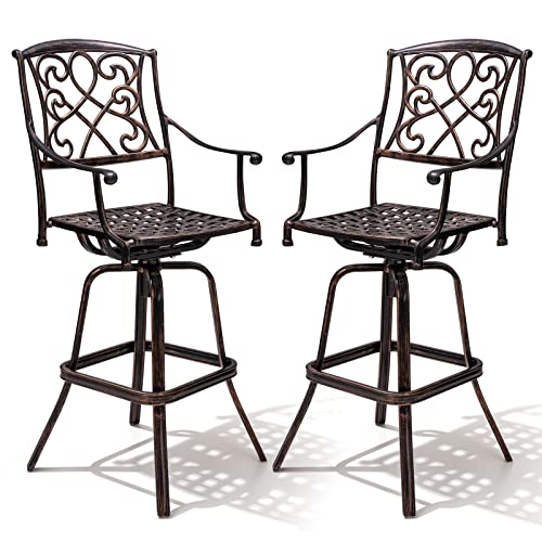 Crestlive Products Heavy Duty Cast Aluminum Frame & Sunbrella Fabric Cushion Counter Height Swivel Bar Stool All Weather Patio Furniture In Antique Brown Finish For Outdoor Indoor, 2 Pcs (Red) #TOP7