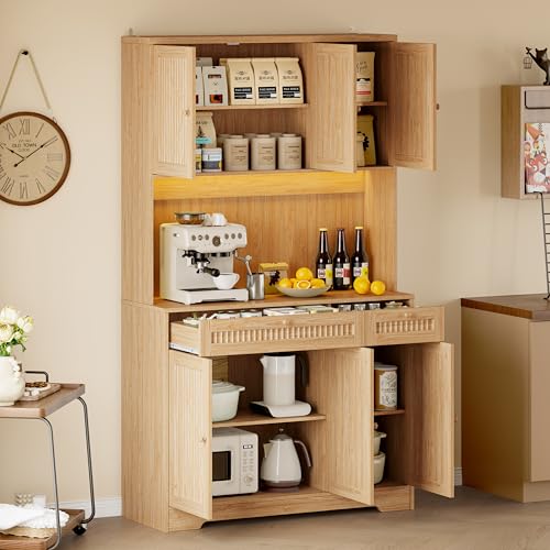 Image of BORNOON Pantry Cabinet with Charging Station and Light, Tall Kitchen Pantry Storage Cabinet with Microwave Stand, Wide Fluted Kitchen Hutch with Storage Drawers and Adjustable Shelves for Dining Room