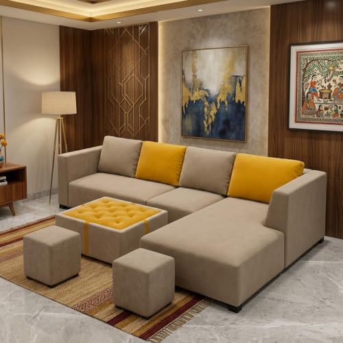 Image of FURNY Olympus 8 Seater RHS L Shape Sofa Set | Plush Velvet Suede Fabric | Modern Design | Soft Comfort Dual Color Cushions for Living Room, Office & Hotels (Beige-Yellow)