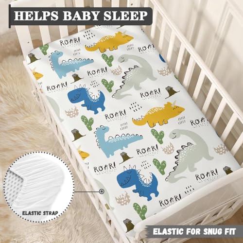 Image of Dinosaur Group Fitted Crib Sheet Cactus and Dinosaur Baby Crib Sheet Fit Standard Crib and Toddler Mattress,Crib Mattress Sheets for Boys Girls 28 inchx52 inch
