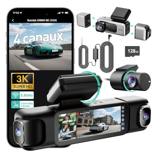 BOTSLAB 4 Canaux Dashcam Voiture,Dashcam 3K/4K Avant et 1080p*3,Caméra Embarquée 560°& 5.8GHz WiFi GPS avec carte SD 128G, Commande Vocale,Vision nocturne,...
