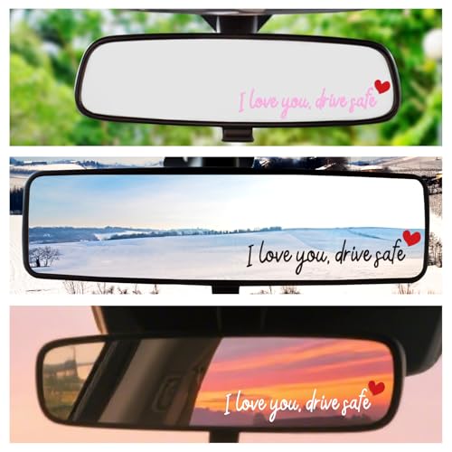 Image of 6pcs I Love You Drive Safe Rearview Mirror Decal, Cute Drive Safe Sticker for Women Rear View Mirror Sticker Vinyl Car Vanity Decoration (Black, White and Pink)