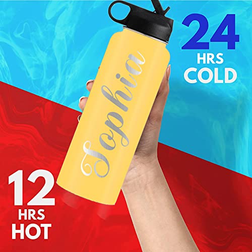 Personalized Water Bottle With Straw,Custom Insulated Stainless Steel Sports Water Bottle With Name Or Text-Double Wall Vacuum Insulated Gift Cup For Kids Women Men-20 Fonts #TOP4