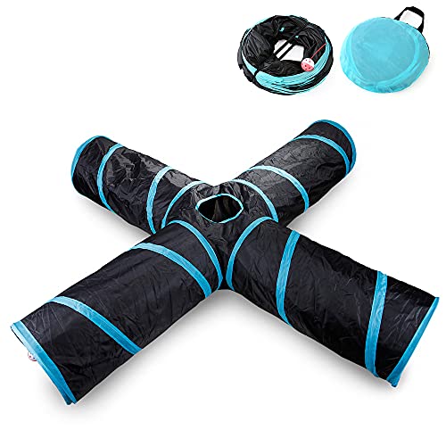 Athyior Túnel para Gatos Plegable - Grande 4 Vías Tubo de Juguete para Gatos Perrito Conejo con Pompones y Campanas para Mascota pequeña Interactivo Laberinto Interior Cover