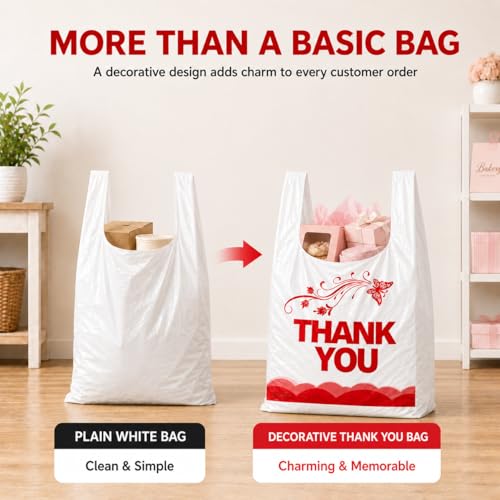 Image of YoYoRain 1000 Count White Thank You T-Shirt Bags, 11 x 6 x 21 in | Durable HDPE with handles, Thank You print, disposable carryout sacks for grocery, retail and takeout