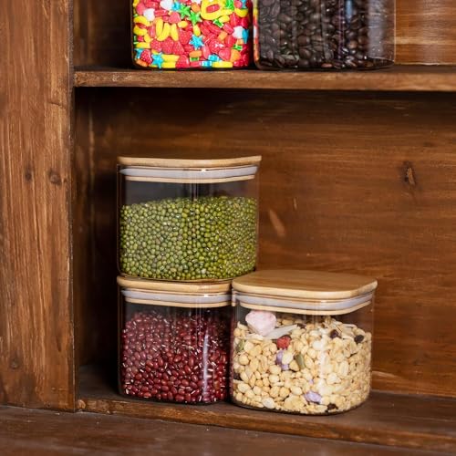 Image of MARTVIA Glass Food Storage Jars with Bamboo Lids 750ml Set of 4, Wide Mouth Lid Jar for Home Kitchen,Flour, Sugar, Coffee, Pasta, Oats, Grains, Cookies, Snacks (Sqaure 750 ML, SET OF 4)