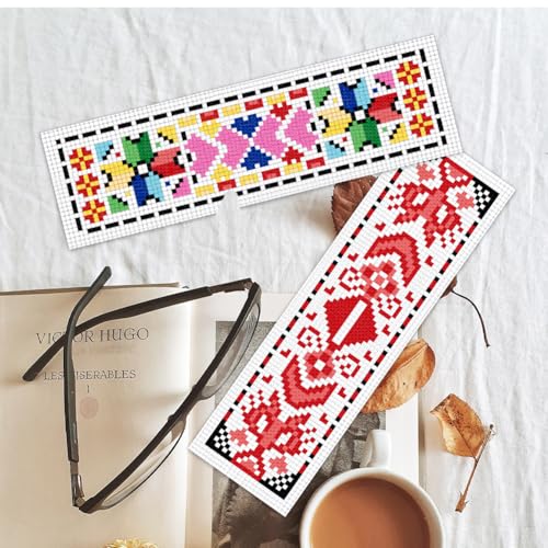 Image of BEUNITONE Cross Stitch Bookmark Kits 6 Pcs Traditional Decorative Patterns Counted Cross Stitch Kit Hand Stamped Embroidery Kit for Beginners Floral Fabric Bookmark Making Kit DIY 8''x2.4''