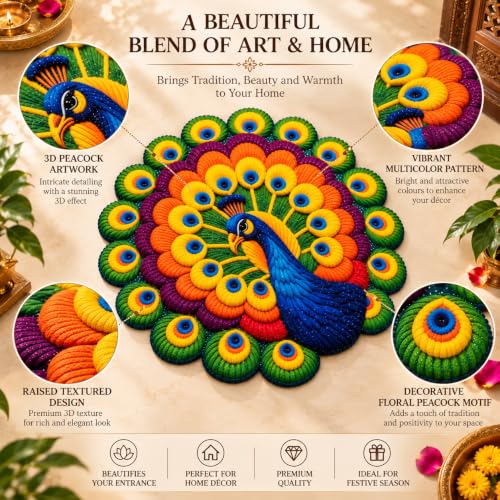 Image of 3D Floral Door Mat | Water Absorbent, Anti-Skid, Machine Washable Floor Mat | Soft Microfiber Carpet for Home, Living Room & Bedroom | Premium Decorative Mat (Multy, Peacock)