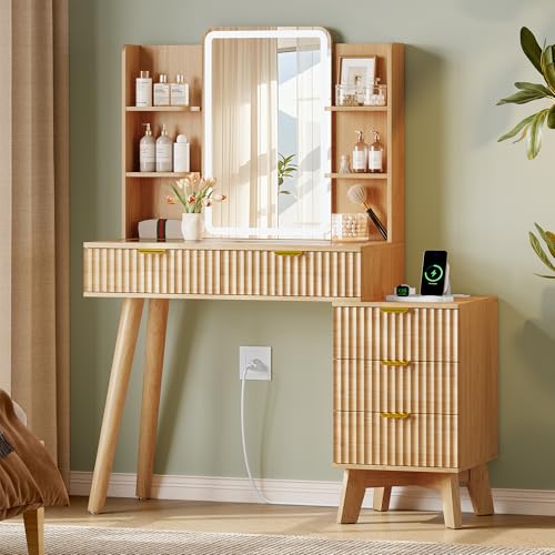 Image of Xixini Fluted Vanity Desk with LED Lights Mirror & Charging Station, Oak