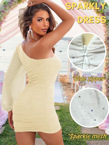 Image of ShawGobow Sparkly Outfits for Women,One Shoulder Ruched Bodycon Short Prom Dress,Sexy Dresses Cocktail Homecoming Nye