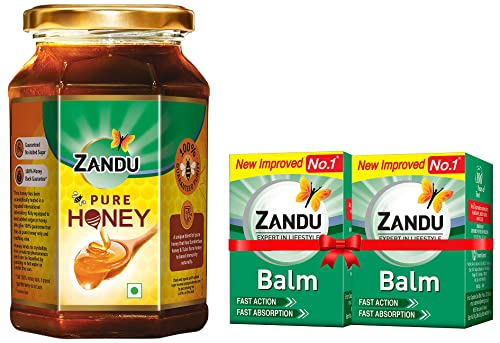 Image of Zandu Pure Honey, 100% Purity, No Added Sugar, 500g & Balm | Effective relief from Headache, Body Pain, Sprain and Cold | No. 1 Ayurvedic Balm for Quick Pain Relief, 50ml (Pack of 2)
