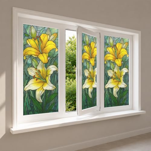 Image of Nuxovilar Gothic Rainbow Yellow Flower Pattern Window Film 17.5x39.3 PVC | Yellow Flowers, Gothic Decal fresh floral sticker, rainbow glass wrap for bedroom living room home (Yellow Floral)