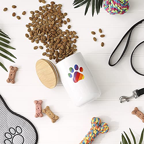 Bone Dry Ceramic Pet Treat Canister With Bamboo Lid, Dishwasher Safe, Countertop Storage, Keep Dog & Cat Treats Safe & Dry, 4X6.5, Rainbow Paw #TOP2