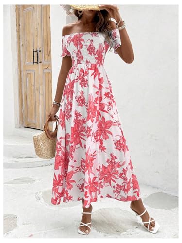 Image of Floerns Women's Boho Ditsy Floral Print Off Shoulder Short Sleeve Split Maxi A Line Dress