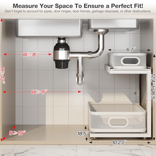 Image of 2 Pack 18.5IN-Depth Under Sink Organizer With Next-Gen Ball-Bearing Slides,2-Tier Precision Mesh Pull Out Cabinet Storage for Bathroom&Kitchen,Height Adjustable Drawers Shelf,Anti-rust-White