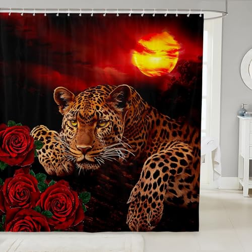 Image of Sunset Shower Curtain Leopard Bathroom Shower Curtain Set for Kids Adult Red Rose Floral Cheetah Print Bath Curtain Wild Animal Waterproof Shower Curtain with Hooks for Bathtub Decor Luxury 72x78 Inch