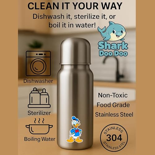 Image of Shark Doo Doo Stainless Steel Bottle for Babies (0-12 Months) - 250ml with Silicone Cleaning Brush (Combo Pack) | BPA Free (SS Bottle 250ml)
