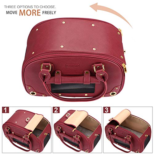 PetsHome Dog Carrier Purse, Pet Carrier, Cat Carrier, Foldable Waterproof Premium Leather Pet Travel Portable Bag Carrier for Cat and Small Dog Home& Outdoor Wine Red