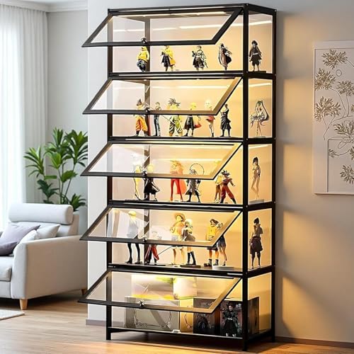 Scribora Vitrina con puerta de vidrio acrílico, vitrina de 5 niveles, organizador de juguetes coleccionables, estantería para dormitorio, rincón de lectura, habitación de niños, bambú (puerta abatible