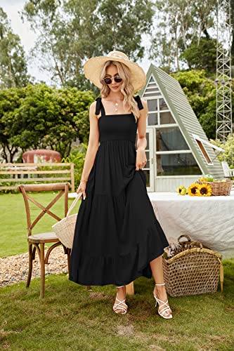 Image of kinstell Women's Summer Boho Spaghetti Strap Square Neck Ruffle Casual Flowy Long Dress Beach Swing Party Maxi Dress