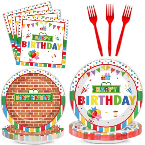 96PCS Street Theme Party Supplies Cookie Cartoon Friends Birthday Plates and Napkins Street Theme Decorations Red Brick Wall Tableware Set for Green Monster Cookie Birthday Baby Shower Party Favors