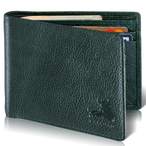Image of BULL GUARD RFID Bifold Leather Wallet For Men with Flip Up ID, Buffalo Wild Green Trail, 3.5 X 4.5, Vintage