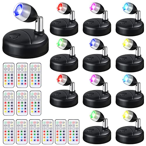 Tuanse 12 Pcs Battery Operated Accent Lights RGB LED Spotlight Indoor Spot Display Lights 13 Colors Dimmable Mini Accent Lighting for Art Painting Picture Closet(Black)