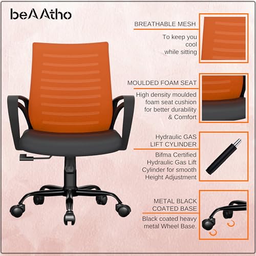 Image of beAAtho Verona Mesh Mid-Back Ergonomic Desk Office Chair with Tilting Mechanism, Comfortable Seat, and Revolving Heavy Duty Metal Base | Ideal for Work from Home & Study (Orange)