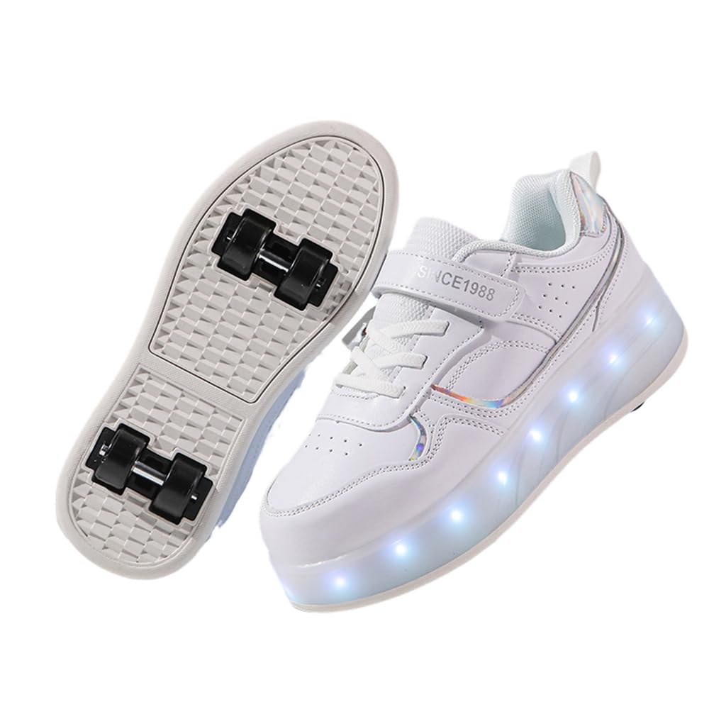 Mateju Zapatos con Ruedas Niñas Niños, Zapatillas con 4 Ruedas Ajustables, Zapatillas de Skateboarding Brillando Zapatillas de Correr al Aire Libre 2 en 1 para Niños y Adultos
