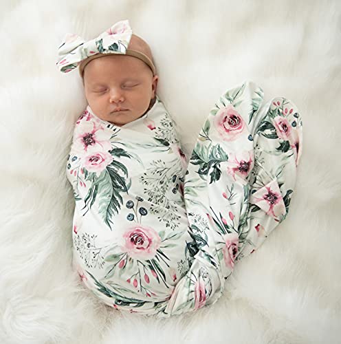 Image of Newborn Floral Print Blanket Baby Stretch Wrap Swaddle Receiving Blanket with Matching Headband and Name Card (Red and Green)