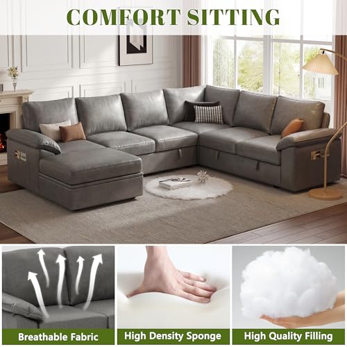 Image of 108 Inch Faux Leather Modular Sectional Sofa with Pull Out Bed,U Shaped 7 Seat Sectional Sleeper Sofa with Storage,Sectional Couches for Living Room,Cloud Modular Couch,Gray Leather