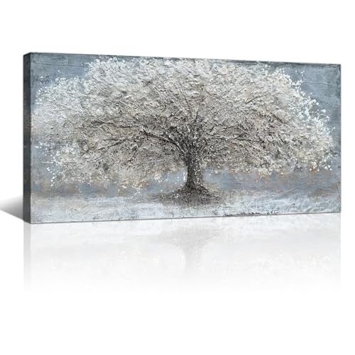 FajerminArt Grande Cadre En Bois Tableau Decoration Murale, Abstrait Argenté Gris Arbre Art Mural...