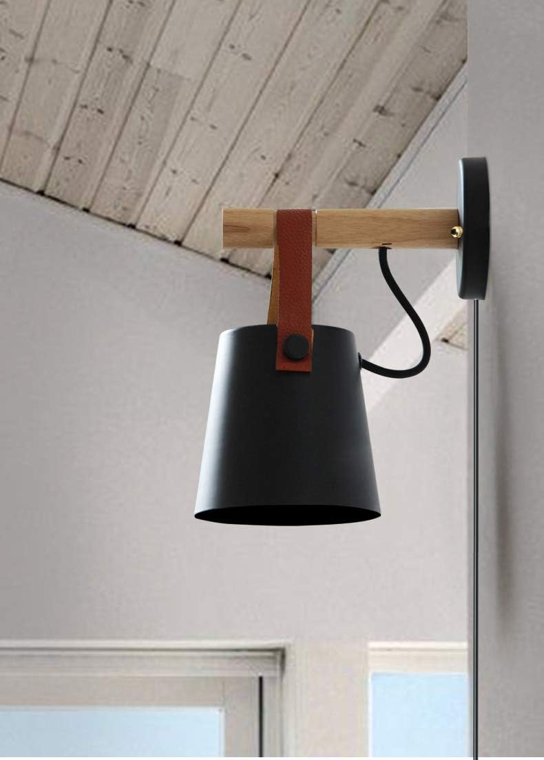 Kiven Iron Art Belt Wall Lamp UL Certification Plug-in Button Cord Lighting Round Bucket Loft Style Wall Lamp for Bathroom Dining Room Cafe Bulbs Not Included (Black)