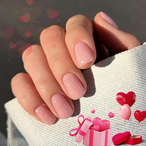 Modelones Pink Press on Nails, Valentines Short Square Fake Nails...
