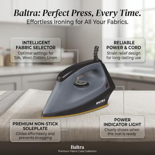 Image of BALTRA Flash 1000 watts Dry Iron with Shock Proof Plastic Body | Non Stick Greblon Coating Soleplate for Longer Durability | Overheat Safety Shutoff | 180 Swivel Cord | 2 Years Replacement Warranty