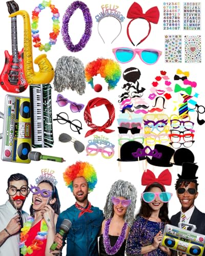 Set di accessori per cabina fotografica, 80 pezzi, kit di accessori per feste di compleanno, include parrucca da clown in lamina di alluminio, fascia per capelli, occhiali divertenti, accessori Set di accessori per cabina fotografica, 80 pezzi, kit di accessori per feste di compleanno, include parrucca da clown in lamina di alluminio, fascia per capelli, occhiali divertenti, accessori