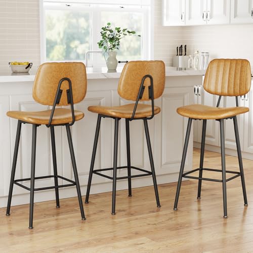 Image of Raynesys 29-Inch Leather Bar Stools Set of 3 with High Backrest, Brown