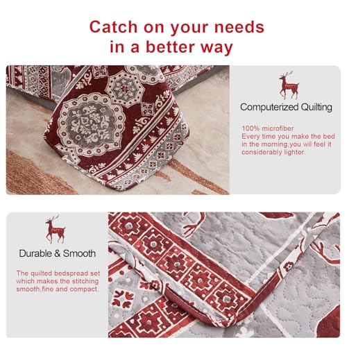 Image of Hailea Christmas Daybed Cover Double Sided Quilting Xmas Lodge Cabin Daybed Sets Bedding with 2 Pillow Shams Red Grey Elk Snowflake Holiday Xmas Bedspread Coverlet for All Season,39 inchx75 inch
