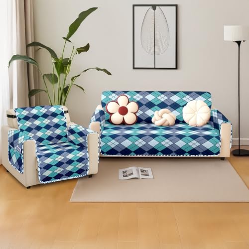 Image of amazon basics Printed Quilted Reversible Sofa Topper | 1 Seater | 175Cm X 60Cm | 325 GSM | Color - Navy Blue, Polyester Blend
