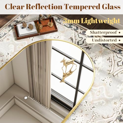 Image of VooBang Arched Wall Mirror, 30 x 38 inch Arch Bathroom Mirror, Wall Mounted Vanity Mirror with Arch Metal Frame, Modern Bathroom Vanity Mirror for Bedroom, Living Room, Hanging or Leaning, Gold