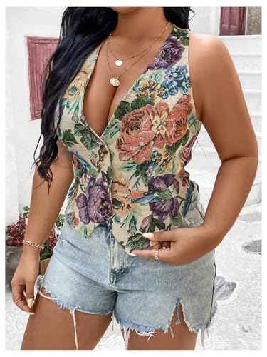 GORGLITTER Women's Plus Size Floral Vest Button Up Vest Sleeveless Cropped Blazers Vest Top3