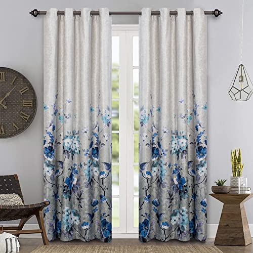 MYSKY HOME Floral Blackout Curtain 84 Inch Length,Grommet Thermal Insulated Room Darkening Curtain Linen Weaving Textured Curtain Panel for Bedroom,Living Room,52