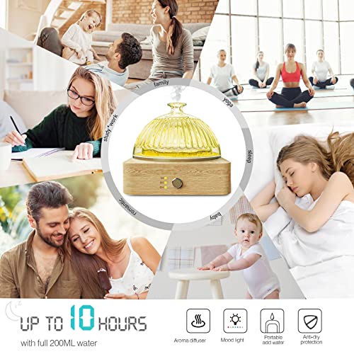 Glass Dome Essential Oil Diffuser With Glass Reservoir & Wood Base-Plastic Free, 200Ml Ultrasonic Glass Diffuser For Aromatherapy With Timer 7 Color Light Auto-Off For Gift Home Office Yoga Pilates #TOP5