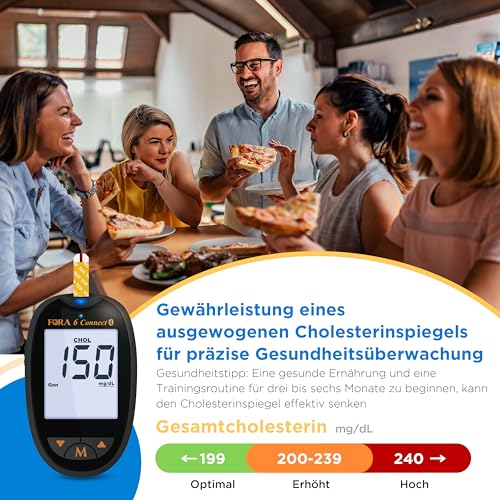 FORA 6-in-1 Cholesterin Messgerät mit Bluetooth, Starterset inkl. 10 Gesamtcholesterin-Teststreifen, Schwarz
