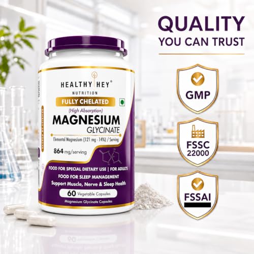 Image of HealthyHey Nutrition Magnesium Glycinate 14% Fully Chelated Supplement High Absorption for Sleep, Cramps, & Nerves Health - 60 Vegetable Capsules