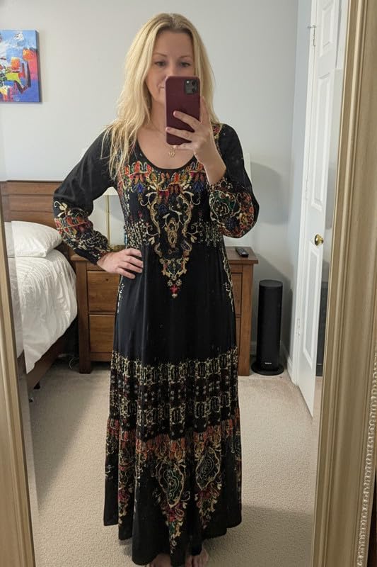 Womens Black Boho Paisley Maxi Dresses Long Sleeve Ethnic Scoop Neck Skirt Vintage Flowy Party Festival Spring Dress - Image 5